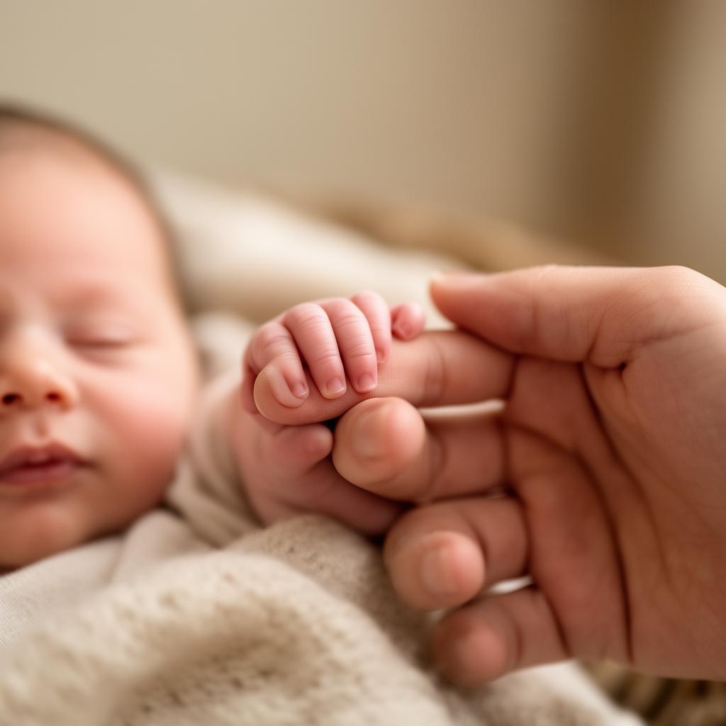 A newborn baby's hand wrapped around a mother's finger